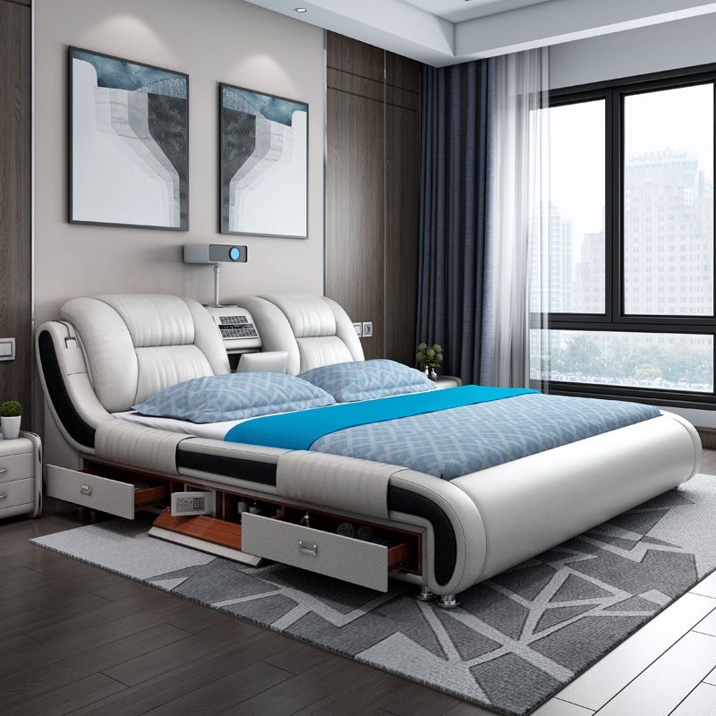Smart Home Plus - เฟอร์นิเจอร์ห้องนอนหรูหราทันสมัย เตียงนอนหุ้มเบาะไฟฟ้าอัจฉริยะพร้อมระบบนวด ขนาดคิงไซส์ พร้อมโครงเตียงและที่นอน พร้อมดีไซน์ทีวี